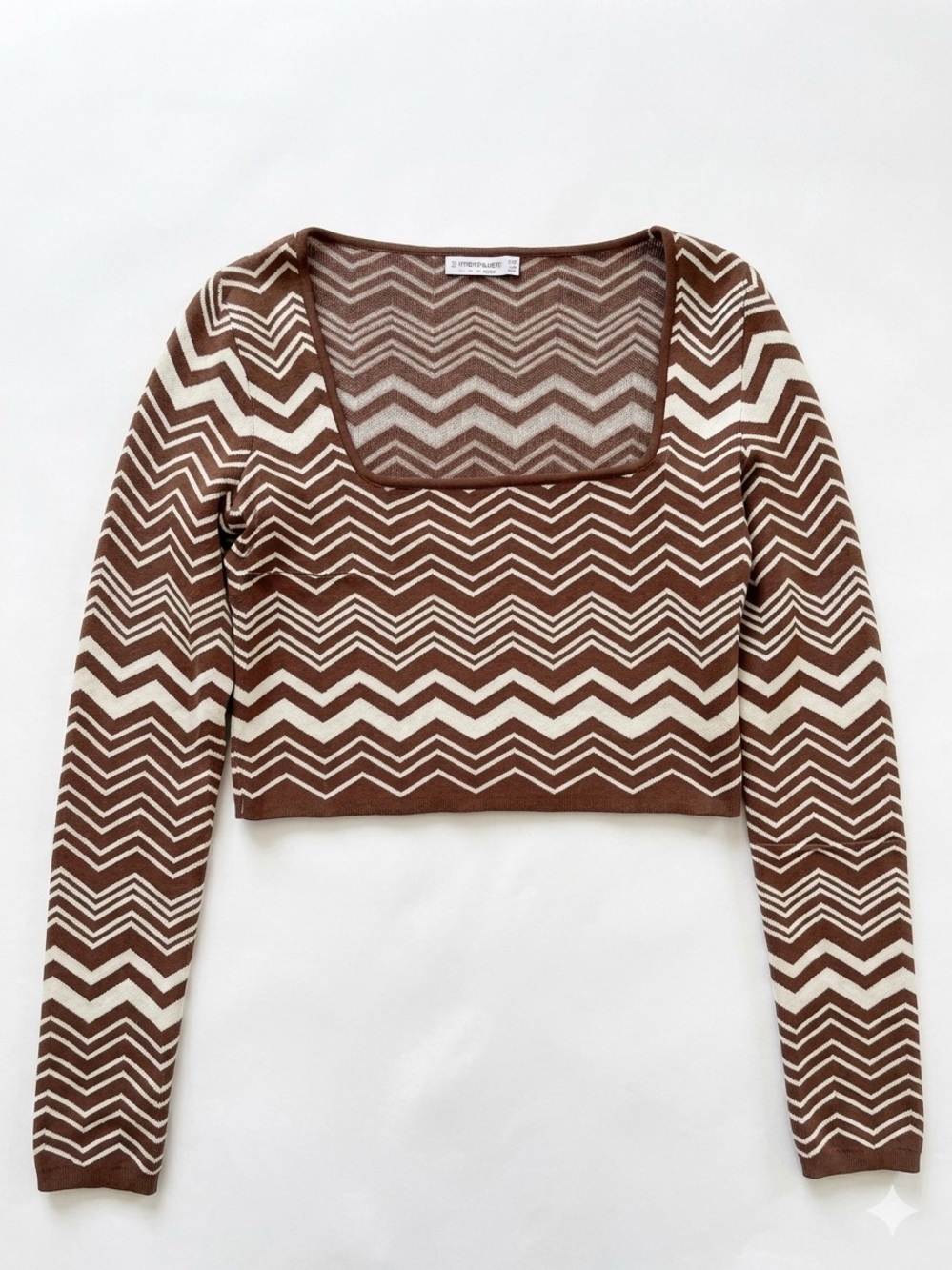stradivarius Brown and Cream Chevron Square-Neck Crop Top